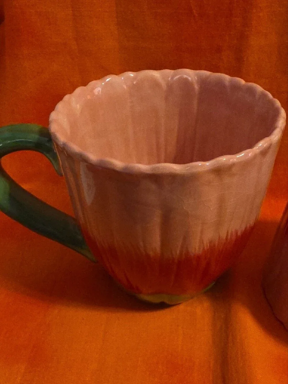 Pier 1 Imports Set of 2 Pink Daisy Flower Mugs Ceramic Pink Red Green
